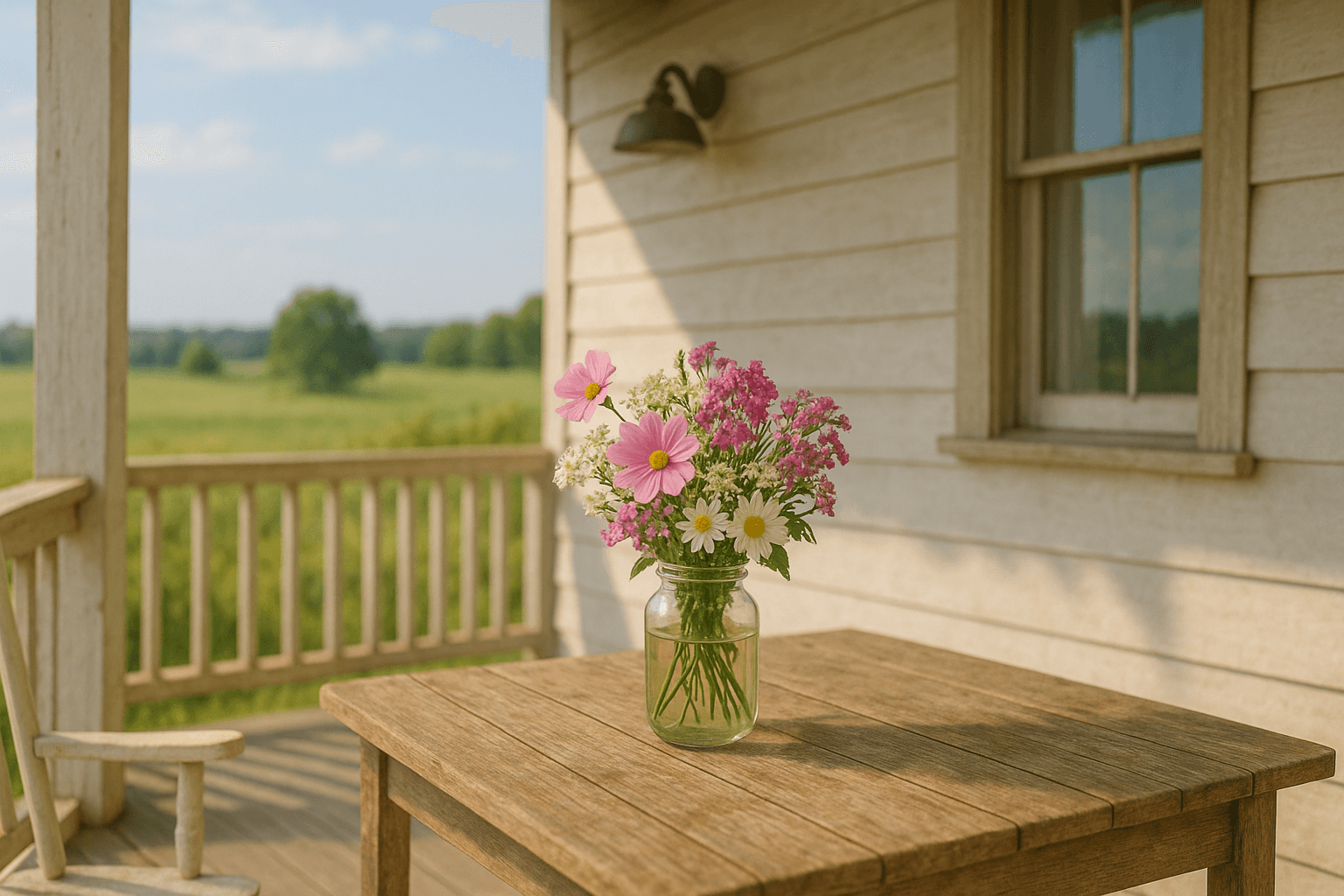 Fresh flowers on a farmhouse porch in honor of Mother's Day