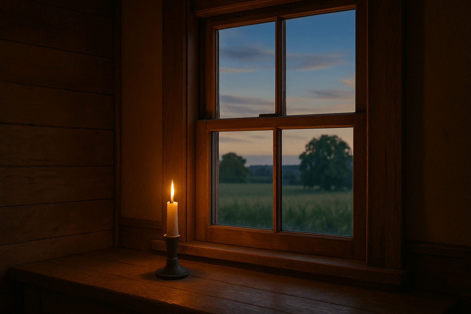A warm light glowing from a farmhouse window at dusk